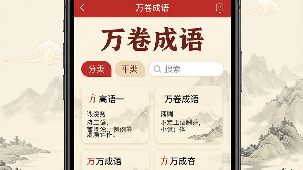 主体:手机屏幕展示万卷成语APP界面,界面清晰显示“万卷成语”四个大字及成语列表;布局:手机居中,屏幕内容特写,UI设计简洁现代;排版:界面中分布着分类标签、搜索框和成语卡片;风格:扁平化设计,色彩明快,以中国风红色和米色为主色调;细节:成语卡片上有释义和例句,背景有淡淡的山水墨画元素;画质:高清,干净,无多余元素
