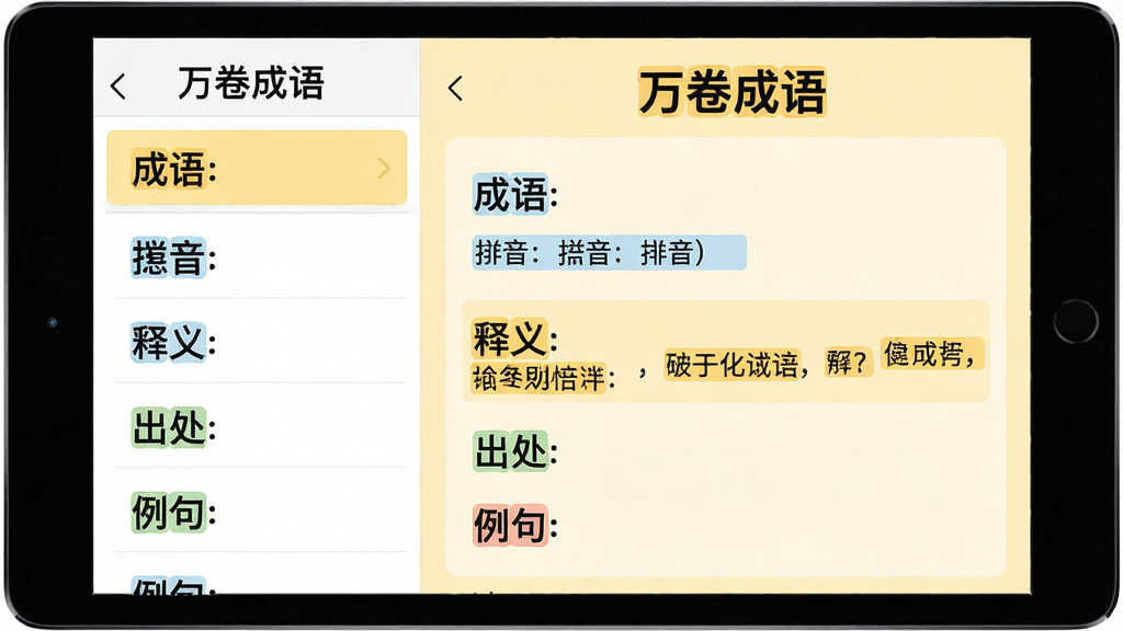 主体:平板电脑横屏展示万卷成语的成语详情页;布局:左侧为成语列表,右侧为详情内容;排版:详情页从上到下依次为成语、拼音、释义、出处、例句;风格:教育软件风格,界面清爽,字迹清晰;细节:关键文字如“万卷成语”和释义用高亮颜色标注,背景为淡黄色;画质:高清,干净,无多余元素