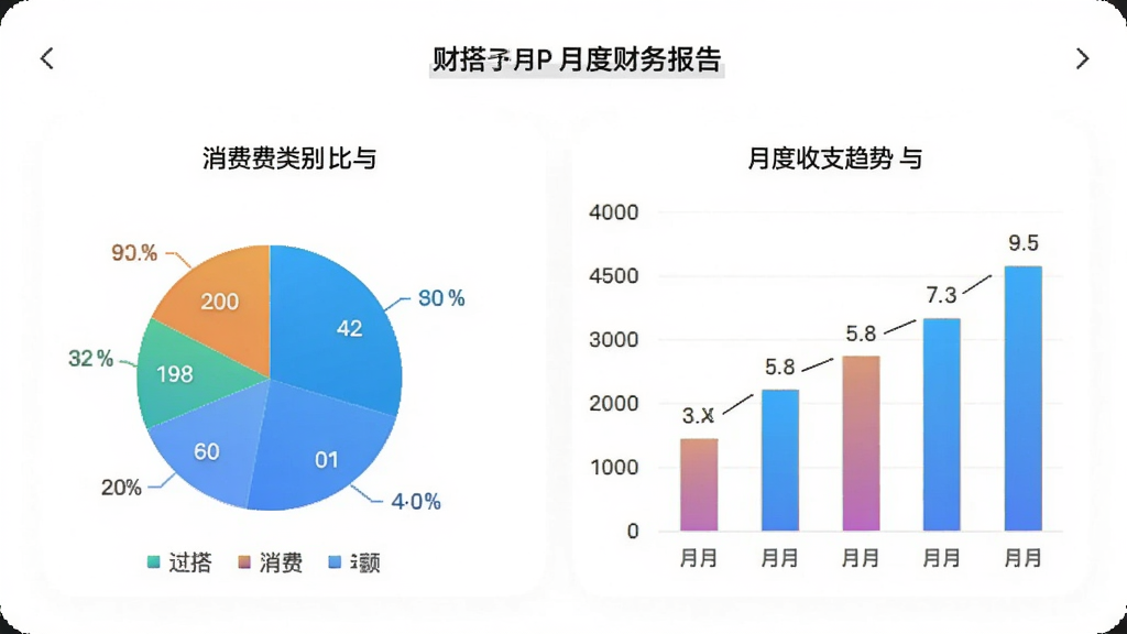 展示“财搭子”APP生成的月度财务报告,包含饼状图与柱状图,展示不同消费类别占比与月度收支趋势,背景为白色,图表色彩鲜艳且标注清晰,整体布局专业美观,画质高清无多余元素。