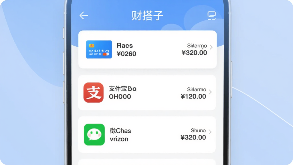 展示“财搭子”APP的账户管理界面,列表显示多个账户图标与余额,包括银行卡、支付宝、微信等,背景为浅蓝色,卡片式设计整洁有序,突出多账户管理功能,画质干净无多余元素。