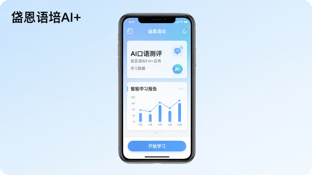 主体:手机屏幕展示岱恩语培AI+应用界面,界面中显示“AI口语测评”和“智能学习报告”模块,背景为淡蓝色渐变,左上角有“岱恩语培AI+”字样。布局:居中构图,手机模型占画面主体,四周留白。排版:界面文字清晰,图标简洁。风格:现代科技感,扁平化设计。细节:手机屏幕内有一张学习数据图表,底部有“开始学习”按钮。画质:高清,干净,无多余元素。