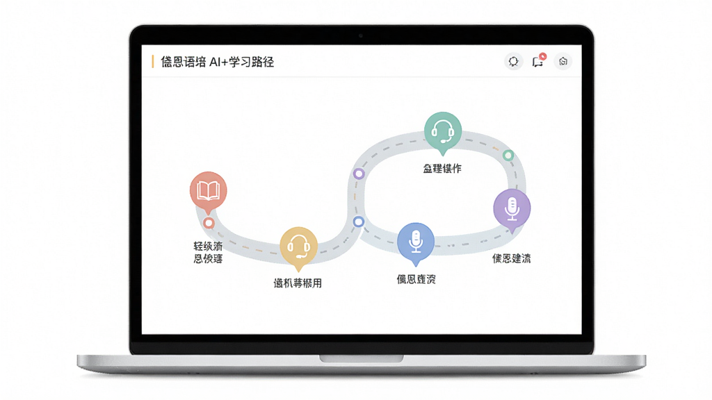 主体:笔记本电脑显示岱恩语培AI+学习路径界面,界面中有一条弯曲的路径,路径上有多个学习节点,背景为白色。布局:电脑居中,屏幕内路径清晰,节点用不同颜色图标表示。排版:路径从左到右延伸,节点下方有简短文字说明。风格:简约线条风,柔和色调。细节:每个节点上有小图标,如书本、耳机、麦克风。画质:高清,干净,无多余元素。