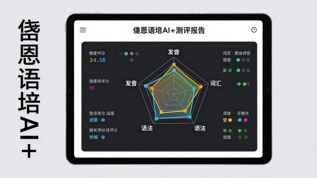 主体:平板电脑显示岱恩语培AI+测评报告页面,报告上有雷达图和各维度评分,背景为浅灰色。布局:平板居中,左侧有“岱恩语培AI+”竖向文字。排版:数据图表清晰,评分等级用不同颜色标注。风格:简洁商务风,色彩明快。细节:雷达图五角形,每个角标注“发音”、“词汇”、“语法”等。画质:高清,干净,无多余元素。