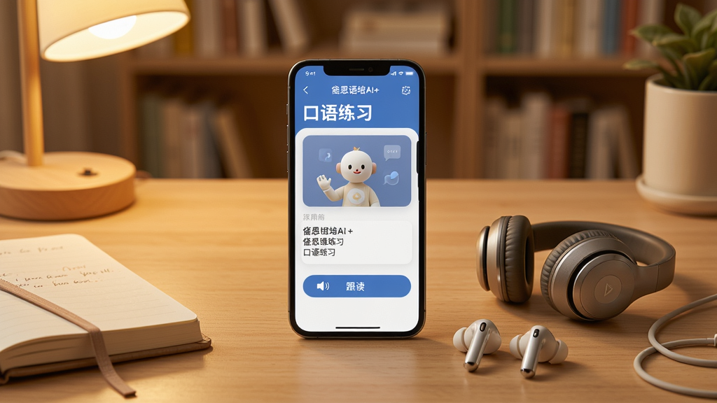 主体:手机和耳机摆放在书桌上,手机屏幕显示岱恩语培AI+的“口语练习”界面,背景为温馨书房。布局:手机和耳机位于画面中央,桌面整洁。排版:屏幕内容可见,有“跟读”按钮。风格:生活化,暖色调。细节:耳机为无线蓝牙款式,手机旁边有一本笔记本。画质:高清,干净,无多余元素。