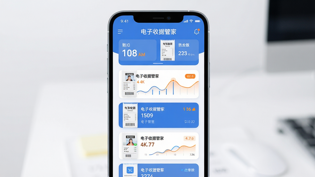 主体:智能手机屏幕展示“电子收据管家”APP主界面,界面清晰显示各类收据卡片缩略图与分类统计图表。布局:手机居中,屏幕内容朝向前方,界面布局为列表式与仪表盘结合,上方为总览数据,下方为收据瀑布流。排版:现代感UI设计,信息层级分明,卡片圆角化,色彩以蓝白为主,辅以橙色强调数据。风格:扁平化设计风格,科技感强,界面整洁清爽。细节:收据卡片上印有“电子收据管家”字样,数据图表线条流畅。画质:4K超高清,渲染细腻,干净,无多余元素。