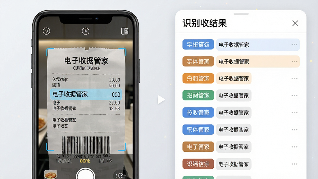 主体:“电子收据管家”APP的OCR扫描识别功能界面,手机镜头对准一张餐饮发票,屏幕实时高亮显示识别出的文字信息。布局:左侧为手机扫描视角,右侧为识别结果面板,上下结构,突出识别流程。排版:界面简洁,识别结果逐行排列,字段标签与内容颜色区分。风格:写实与科技感结合,光线明亮。细节:发票上的“电子收据管家”字样清晰可见,识别框精准,字体锐利。画质:高分辨率,细节丰富,干净,无多余元素。