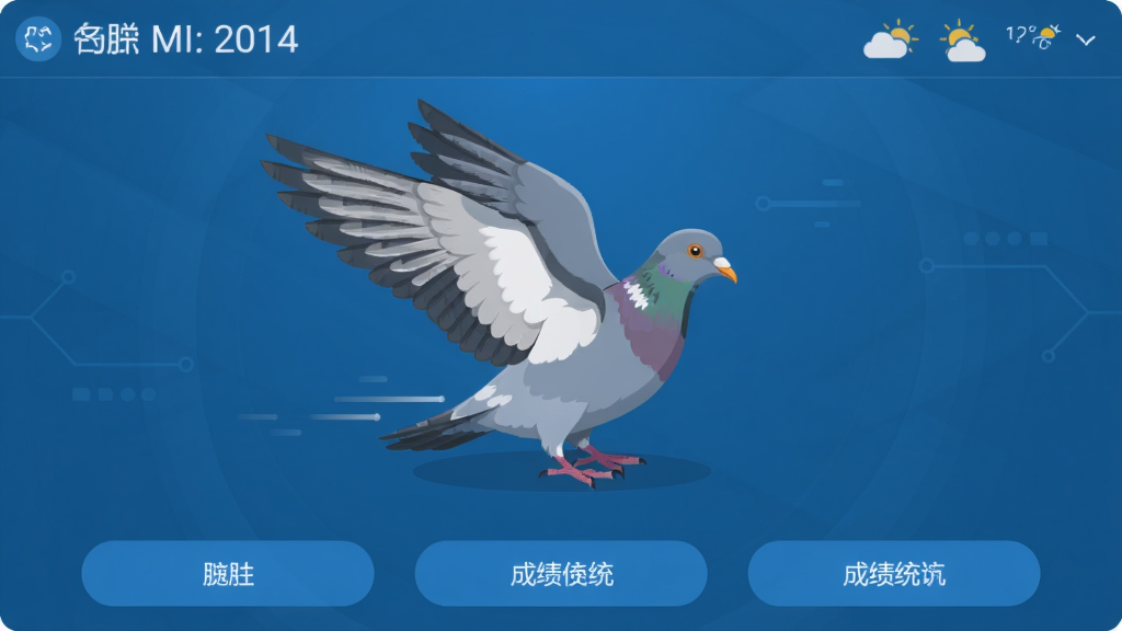 必胜鸽软件主界面预览图,展示赛鸽归巢计时打卡功能,界面以蓝色科技感为主色调,顶部显示当前时间与天气,中部为鸽子归巢动画,底部为成绩统计按钮,布局简洁明快,风格现代扁平化,细节包含鸽子翅膀羽毛纹理,画质高清干净无多余元素