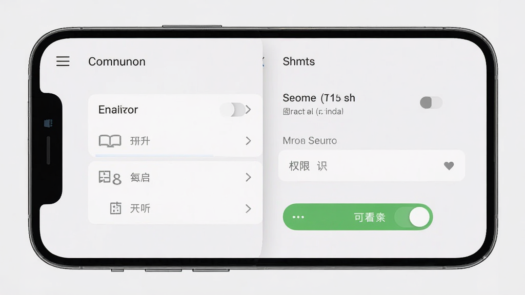 必胜鸽手机端使用教程截图,展示设置界面与权限开启步骤,手机模型放大显示,背景为淡灰色,布局清晰,风格简洁,细节包含菜单图标与开关按钮,画质干净无多余元素