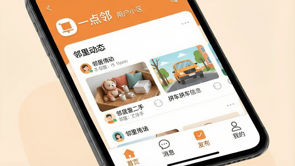 一张智能手机屏幕展示“一点邻”应用主界面,界面顶部显示用户所在小区名称,中间是“邻里动态”信息流,包含邻居发布的二手物品图片和拼车信息,底部导航栏有“首页”、“消息”、“发布”、“我的”四个图标。整体布局清晰,色彩以温暖的橙色和白色为主,插画风格扁平化,画质干净,无多余元素。