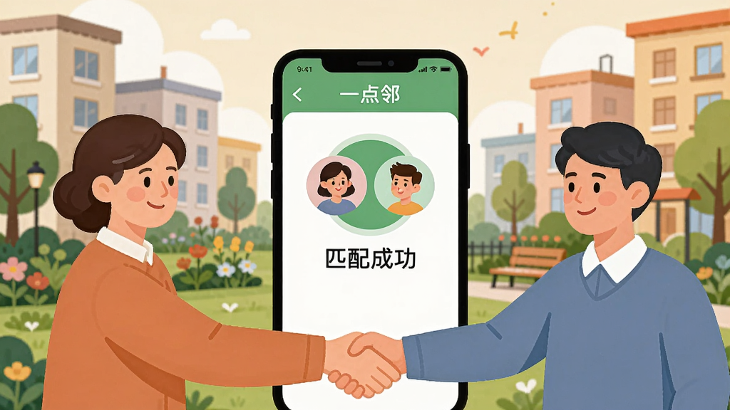 一幅插画展示两个住在相邻楼栋的居民通过手机上的“一点邻”应用成功匹配并握手,背景是温馨的社区花园和楼房。画面中央有一个放大的手机屏幕,上面显示两个用户头像和“匹配成功”字样。整体风格温馨明亮,色彩柔和,扁平化设计,画质干净,无多余元素。