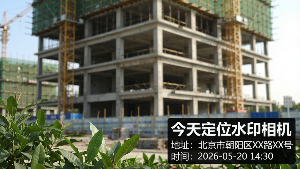 ���壺���춨λˮӡ��������������Ƭ����Ƭ����ʾһ���������أ����½ǵ�������Ŀ��ˮӡ���֣������춨λˮӡ������Լ�����ַ�������г�����XX·XX�� ʱ�䣺2026-05-20 14:30�������֣���Ƭ�����������棬ˮӡλ�����½ǣ��������ڵ����塣�Ű棺ˮӡ���ð�͸����ɫ���ƣ���ɫ���֣����������׶������дʵ��Ӱ��񣬹�����Ȼ��ϸ�ڣ���Ƭǰ���в�����ֲ��������ʩ���еĴ�¥��ˮӡ���ֱ�Ե���������ʣ��߷ֱ��ʣ��ɾ����޶���Ԫ�ء�