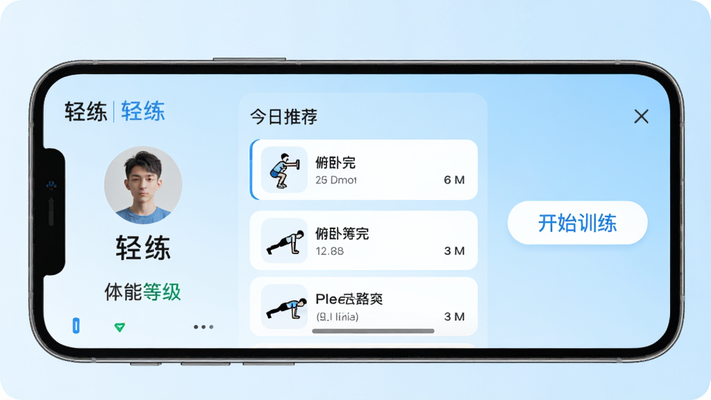 手机屏幕展示“轻练”App的智能训练计划页面,左侧是用户头像和体能等级,中间是今日推荐的动作列表,包含深蹲、俯卧撑、平板支撑等,每个动作配有小图标和预计时长,右侧是“开始训练”按钮,背景采用浅蓝色渐变,界面简洁现代,突出“轻练”品牌名称,画质清晰,无多余元素