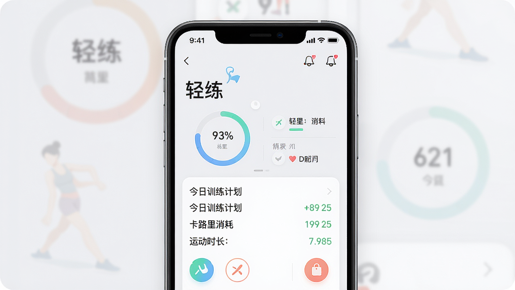 一张现代简约风格的手机应用界面预览图,主视觉是“轻练”App的首页,展示今日训练计划、卡路里消耗和运动时长,背景为淡灰色与白色搭配,界面布局清晰,包含圆形进度环和彩色图标,整体风格干净明亮,突出“轻练”二字,画质高清,无多余元素