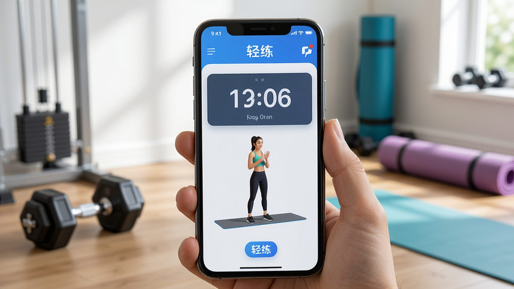 一张“轻练”App在手机上运行的实拍图,手机屏幕显示训练中的倒计时和动作演示,背景是家庭健身房场景,哑铃和瑜伽垫可见,画面明亮清晰,突出“轻练”品牌,画质高清,无多余元素