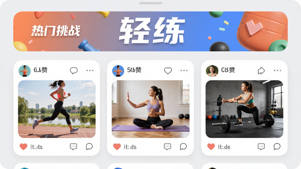 展示“轻练”App的社区挑战页面,顶部是“热门挑战”横幅,下方是用户发布的打卡动态卡片,包含跑步、瑜伽、力量训练等照片,每个卡片有点赞和评论图标,背景为浅灰色,卡片圆角设计,整体风格活泼,突出“轻练”字样,画质清晰,无多余元素