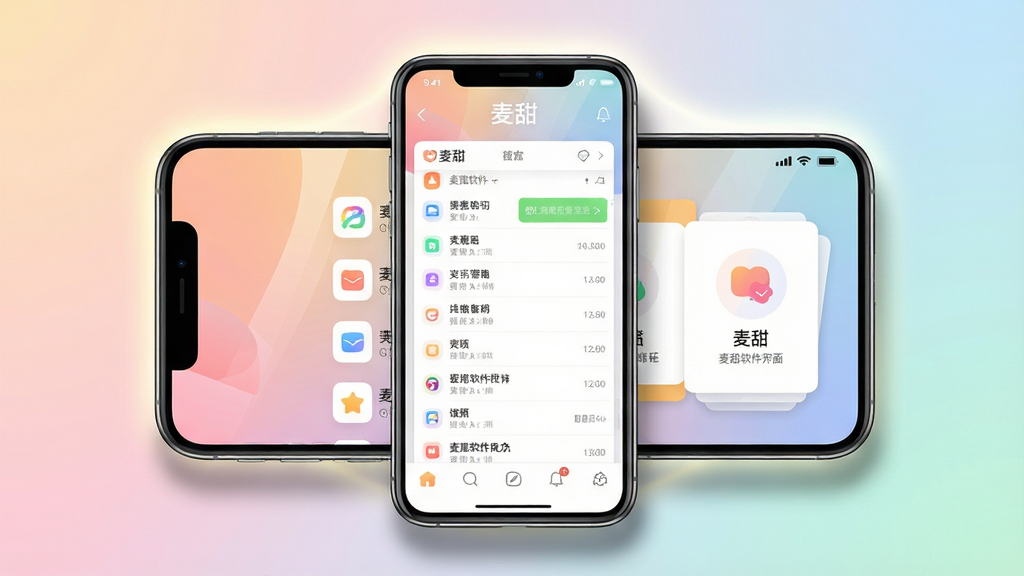 主体:麦甜软件界面展示,手机屏幕中显示聊天列表和匹配卡片,背景为柔和的渐变色。布局:居中构图,手机位于画面中央,周围有轻微的光晕效果。排版:界面文字清晰,显示“麦甜”字样及功能图标。风格:现代扁平化,色彩清新明亮。细节:注意手机屏幕反光自然,阴影柔和。画质:高清,干净,无多余元素。
