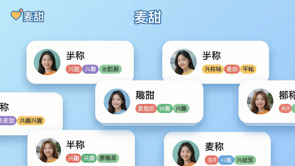 主体:麦甜软件的兴趣匹配功能界面,展示多个用户卡片,卡片上带有兴趣标签图标。布局:卡片式排列,错落有致,背景为淡蓝色渐变。排版:每个卡片上有用户头像、昵称和共同兴趣标签,界面顶部有“麦甜”LOGO。风格:清新简约,色彩明快。细节:卡片圆角设计,阴影立体,背景干净。画质:高清,干净,无多余元素。