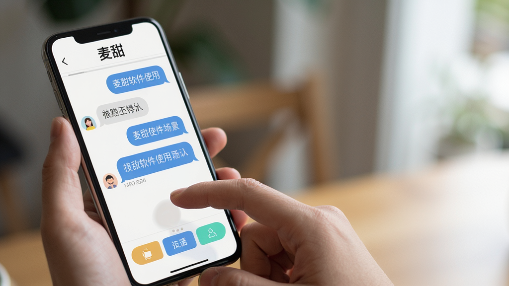 主体:麦甜软件使用场景,一部手机握在手中,屏幕上显示聊天界面。布局:手持手机位于画面左侧,右侧留白。排版:屏幕上显示对话气泡和功能按钮,顶部有“麦甜”字样。风格:写实生活风,光线自然。细节:手指轻触屏幕,背景虚化。画质:高清,干净,无多余元素。