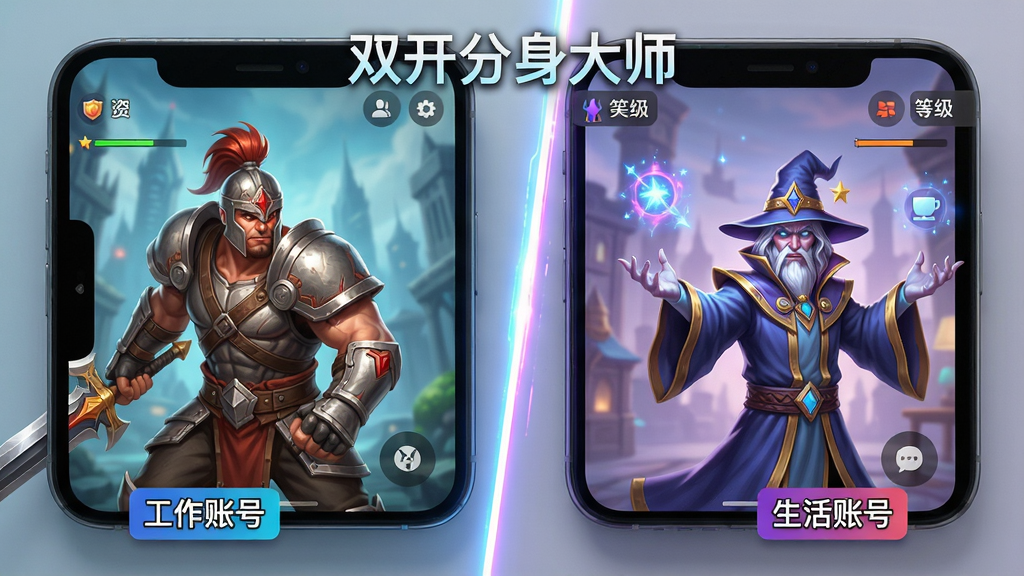 主体:一张示意图,展示“双开分身大师”将手机屏幕一分为二,左右两侧各运行着一个相同的游戏,但角色和等级不同。布局:左右对称分割,中间以一道发光的隔离线分隔。排版:对比强烈,突出双开同步运行的特性。风格:写实与科技感结合,色彩鲜艳。细节:左侧游戏角色为战士,右侧为法师,体现数据独立,左侧有“工作账号”标签,右侧有“生活账号”标签,画面干净无多余元素。画质:高清渲染,光影自然。