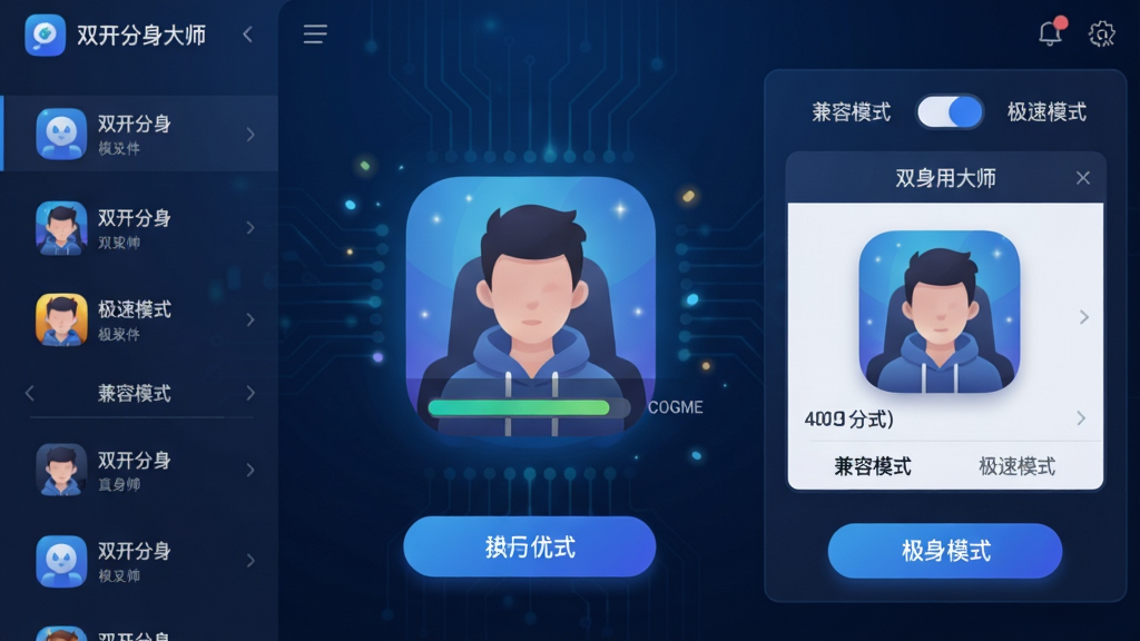 主体:“双开分身大师”应用界面,中央展示了一个大型游戏图标正在创建分身,进度条接近完成。布局:界面简洁,左侧为应用列表,右侧为分身创建预览窗口。排版:信息层级清晰,操作按钮醒目,背景采用深蓝色科技主题。风格:扁平化UI设计风格,搭配柔和的光影过渡。细节:界面上有“兼容模式”、“极速模式”两个切换选项,显示软件对不同应用的优化能力,画面干净无多余元素。画质:2K高清,界面质感细腻。