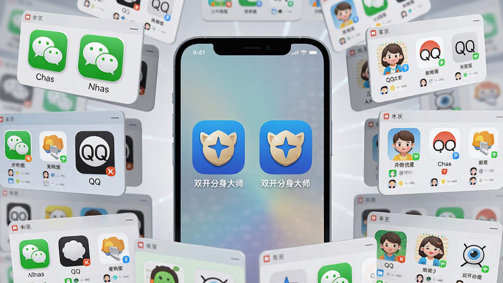 主体:一部智能手机屏幕中,两个相同的“双开分身大师”应用图标并排显示,周围环绕着微信、QQ等社交软件的多个分身窗口。布局:手机屏幕居中,分身窗口以网格状排列在手机周围,形成放射状视觉焦点。排版:画面层次分明,主体突出,背景为浅灰色科技感渐变。风格:3D渲染风格,光影效果真实,色彩明亮清晰。细节:每个分身窗口都标记着不同的账号头像,暗示多账号同时在线,画面干净无多余元素。画质:8K超高清,细节丰富,观感通透。