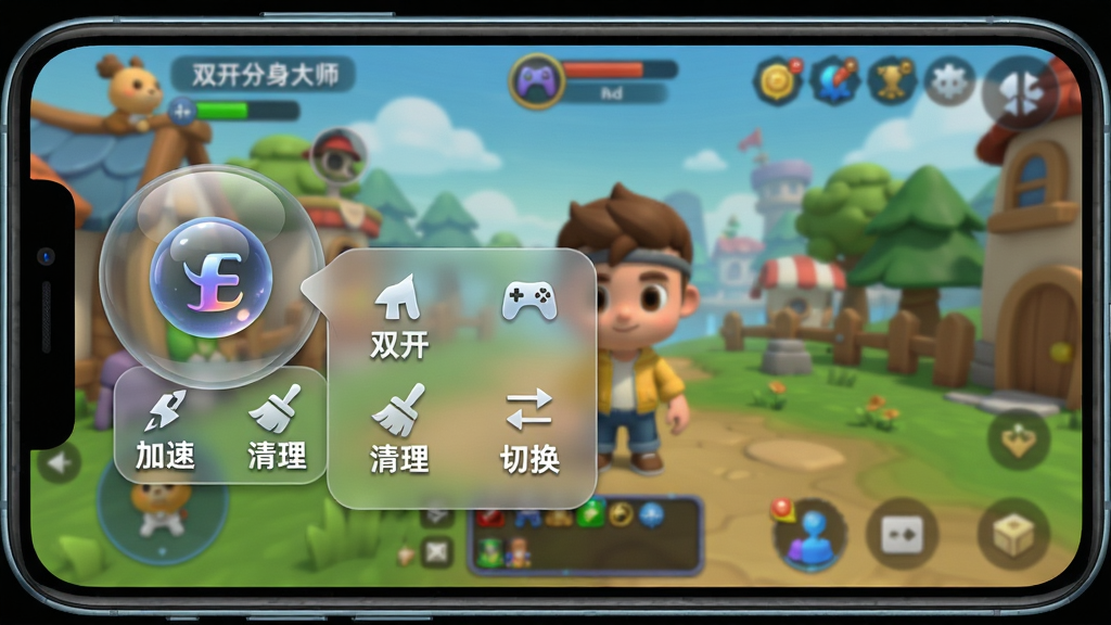 主体:手机横屏游戏画面,左侧显示“双开分身大师”的悬浮球工具栏,工具栏上有“加速”、“清理”、“切换”三个按钮。布局:悬浮球位于屏幕左边缘,半透明状,游戏画面清晰。排版:悬浮球不与游戏UI冲突,位置可拖动。风格:游戏画面为3D卡通风格,悬浮球为玻璃拟态风格。细节:点击悬浮球后展开的菜单图标精致,背景虚化,画面干净无多余元素。画质:高清游戏截图质感。