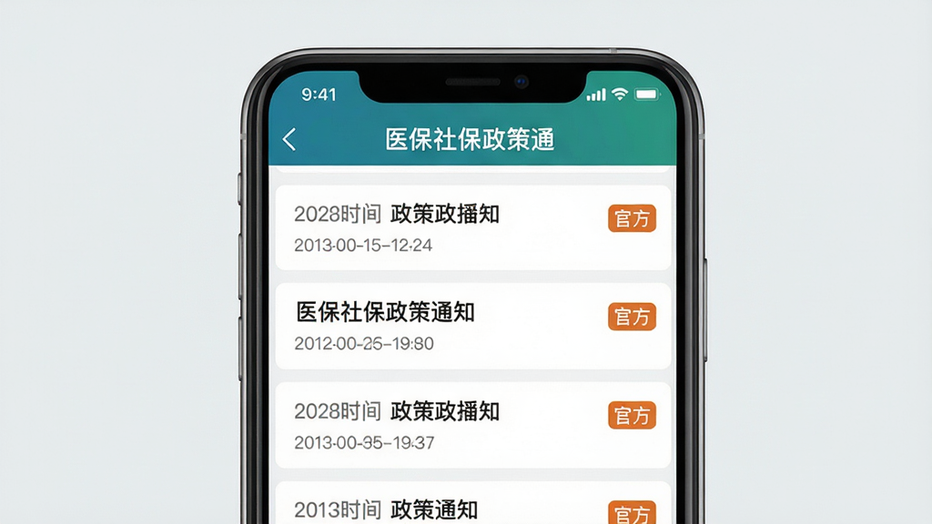 手机APP界面展示最新政策推送通知,顶部状态栏显示“医保社保政策通”名称,下方为政策列表,每条配有发布时间和“官方”标识,背景为浅灰色,整体风格简洁明亮,突出实时更新功能,画质细腻。