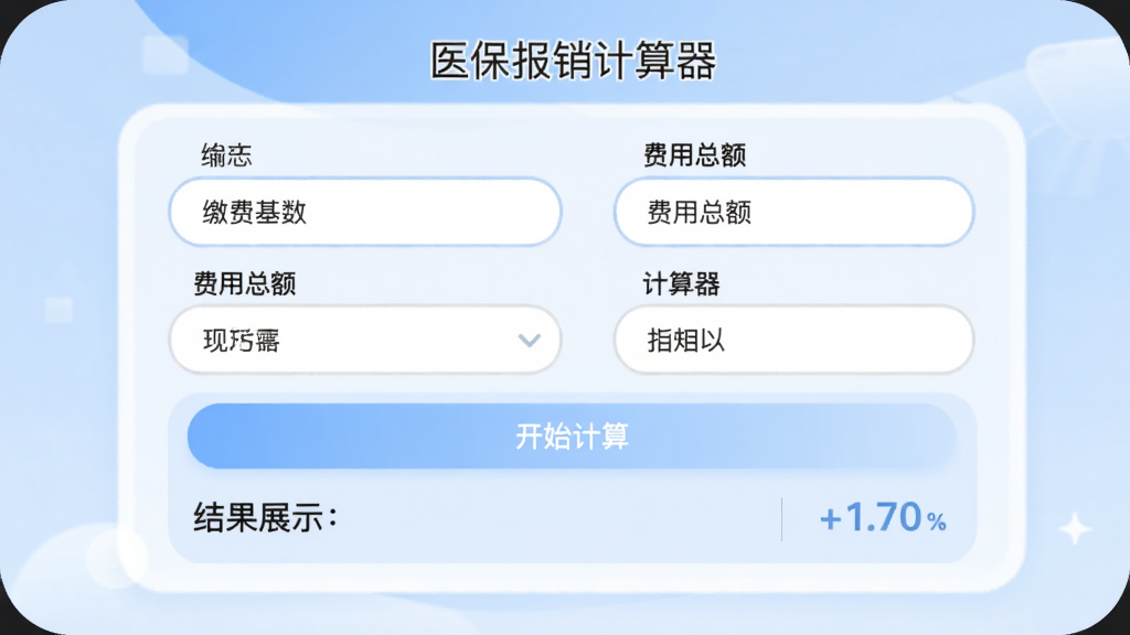 APP内嵌工具页面,展示“医保报销计算器”输入界面,包含缴费基数、费用总额等输入框,下方有“开始计算”按钮和结果展示区域,背景为浅蓝色,界面圆润友好,突出智能计算功能,画质清晰。