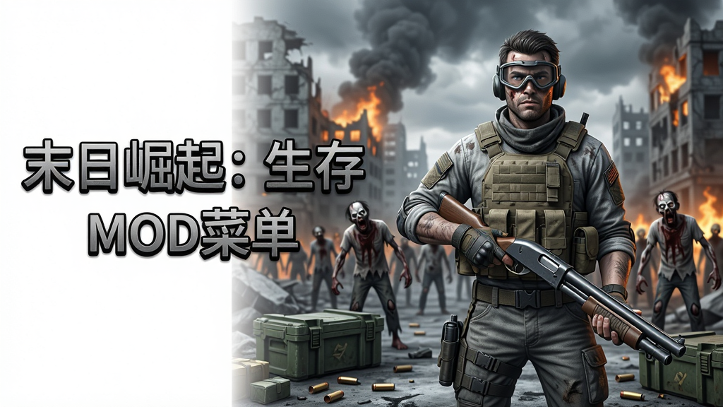 主体:末日崛起:生存(MOD菜单)游戏主界面,一名全副武装的幸存者站在破败的城市废墟前,手持霰弹枪,背景是燃烧的建筑物和远处的僵尸群;布局:人物居中偏右,左侧留白处用艺术字写上“末日崛起:生存”和“MOD菜单”字样;排版:画面层次分明,远处天空灰暗,近处细节丰富;风格:写实末日风格,色彩偏冷灰色调,带有橙色火光点缀;细节:人物装备有战术背心、护目镜,地面有散落的弹壳和物资箱,僵尸动作狰狞;画质:4K高清,光影真实,干净无多余元素。
