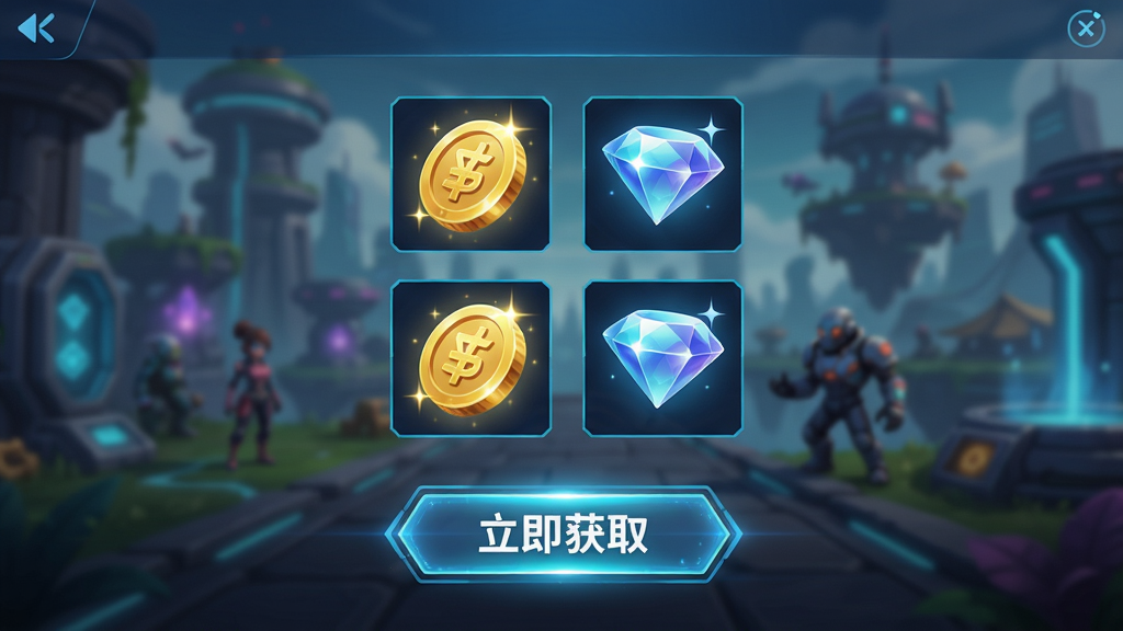主体:游戏内商店界面,展示大量金币和钻石图标,以及“免费内购”按钮;布局:中央展示资源图标,下方有“立即获取”按钮;排版:界面整洁,按钮醒目;风格:现代UI设计,科幻感十足;细节:金币和钻石闪闪发光,按钮带有光效,背景为游戏场景模糊处理;画质:高清渲染,色彩明亮,干净无多余元素。
