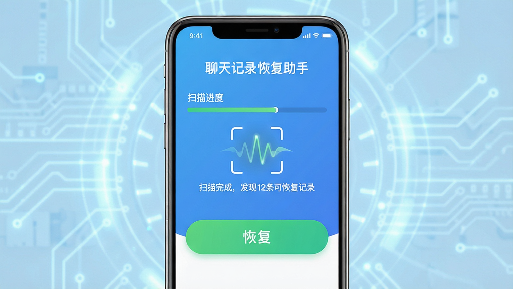 主体:一部智能手机屏幕显示“聊天记录恢复助手”主界面,界面有扫描进度条和恢复按钮;布局:手机居中,界面元素清晰可见,背景为浅蓝色科技感光效;排版:界面布局简洁,按钮大而醒目,扫描动画流畅;风格:现代扁平化设计,色彩明快,符合工具类APP风格;细节:屏幕中显示“扫描完成,发现12条可恢复记录”字样,按钮为绿色;画质:高清渲染,干净整洁,无多余元素。