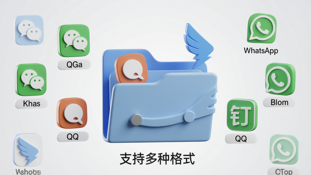主体:一个3D风格的文件夹图标,内部弹出多个小图标,包括微信、QQ、钉钉、WhatsApp的LOGO;布局:文件夹居中,图标环绕排列,背景为浅灰色渐变;排版:图标大小均匀,错落有致,文件夹下方有“支持多种格式”字样;风格:3D立体风格,柔和光影,商务质感;细节:每个小图标下方有对应文字标签;画质:高清渲染,干净整洁。
