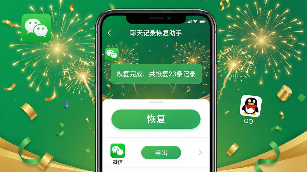 主体:手机屏幕显示“聊天记录恢复助手”的恢复成功界面,界面上有“恢复完成,共恢复23条记录”的绿色提示,背景有烟花庆祝效果;布局:手机居中,界面简洁,提示文字醒目;排版:恢复按钮大而明显,列表下方有“导出”按钮;风格:庆祝风格,色彩明亮,绿色与金色搭配;细节:屏幕上有“微信”和“QQ”的图标,表示恢复来源;画质:高清渲染,干净无多余元素。