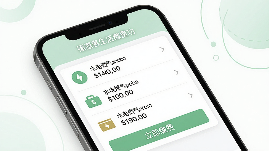 福源惠生活缴费功能页面,展示手机屏幕内水电燃气缴费列表,每一项都有对应的图标和金额,下方有“立即缴费”按钮,背景为干净的白色,配以淡绿色点缀,界面清晰直观,画质干净,无多余元素