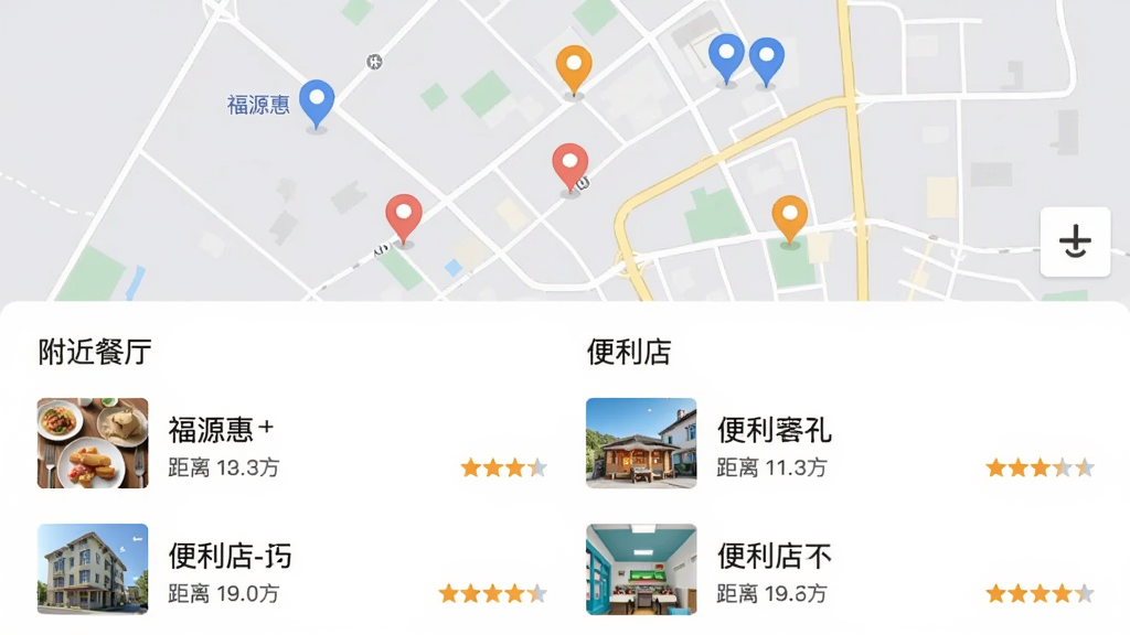 福源惠本地搜索功能展示,地图上分布着几个商户标注点,下方以列表形式显示“附近餐厅”“便利店”等分类,每个条目有店铺名称、距离和评分,背景为浅灰色地图,整体风格简洁清晰,画质干净,无多余元素