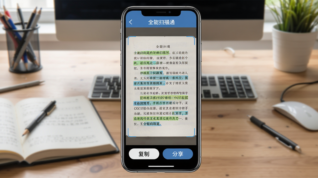 展示“全能扫描通”OCR识别结果界面,手机屏幕显示扫描的书籍页面,文字被高亮标注,下方有“复制”和“分享”按钮,背景为工作台,布局左右对称,风格简洁,细节突出文字识别准确度,画质清晰,无多余元素。