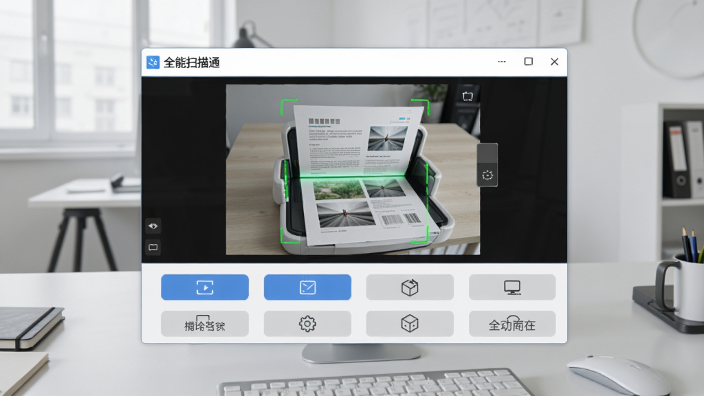 画面中央展示“全能扫描通”软件主界面,上方显示扫描预览区域,下方为功能按钮排列,背景为浅灰色办公桌面,整体布局简洁清晰,风格为现代扁平化设计,细节包括高清文档扫描效果,画质干净,无多余元素。