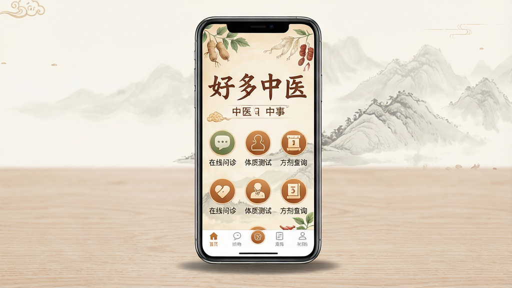 主体:一部智能手机屏幕显示好多中医APP主界面,界面风格古朴典雅,以暖色调为主。布局:手机居中,屏幕内清晰展示“好多中医”四个大字及“在线问诊”“体质测试”“方剂查询”等图标,底部有导航栏。排版:界面整洁,图标排列有序,文字标注清晰。风格:中国风与现代UI结合,淡雅水墨画背景,点缀草药图案。细节:手机下方有淡淡阴影,背景为素色木纹桌面。画质:高清,干净,无多余元素。