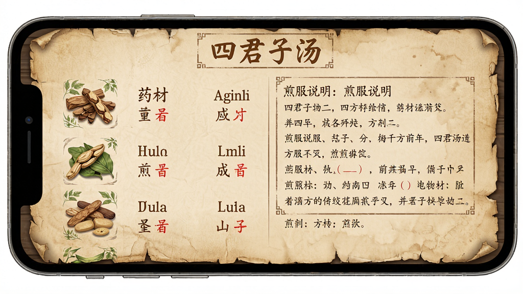 主体:好多中医APP内方剂详情页,展示“四君子汤”等方剂信息。布局:手机横屏放置,屏幕左侧为药材列表,右侧为煎服说明,顶部有方剂名称。排版:药材名称用棕色字体,用量用红色标注,背景为羊皮纸纹理。风格:古籍书卷风格,仿古设计。细节:页面边缘有磨损效果,药材图片有草木图案。画质:高清,干净,无多余元素。