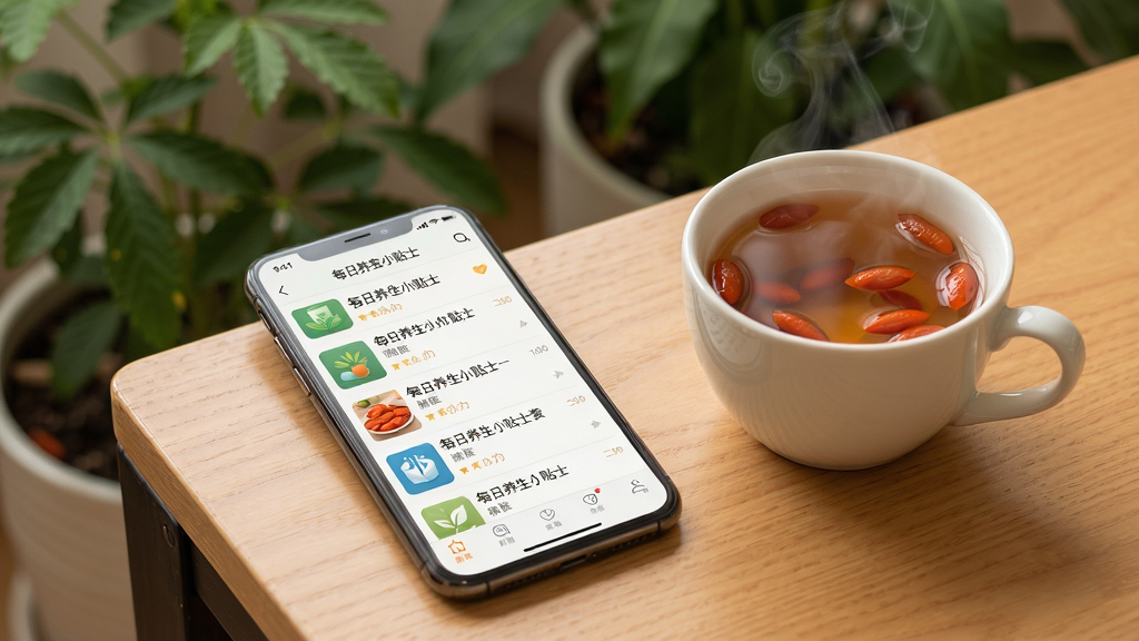 主体:一部手机和一杯枸杞茶放在木桌上,手机屏幕显示好多中医APP的养生资讯界面,文字“每日养生小贴士”。布局:手机斜放,枸杞茶在旁,背景为绿色植物。排版:画面平衡,手机屏幕内容清晰,桌面干净。风格:生活化摄影风格,暖色调。细节:枸杞茶冒着热气,屏幕有文章列表。画质:高清,干净,无多余元素。