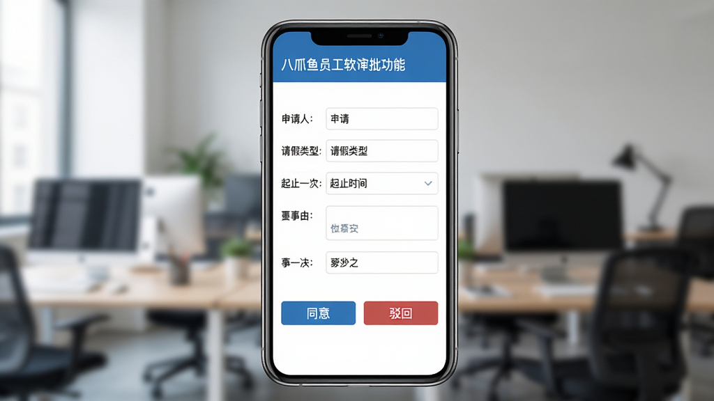 八爪鱼员工软件审批功能界面,屏幕上展示一个请假申请表单,包含申请人、请假类型、起止时间、事由等字段,下方有