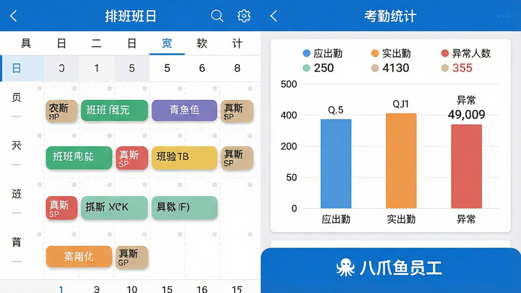 八爪鱼员工软件的手机界面截图拼接图,左侧为排班日历视图,不同颜色标记不同班次,右侧为考勤统计图表,显示应出勤、实出勤、异常人数,底部有