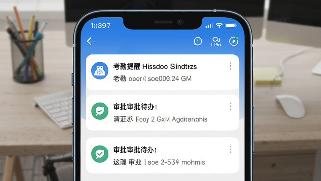 一张手机截图展示八爪鱼员工应用的消息通知栏,有考勤提醒和审批待办通知,手机屏幕上方显示电量与时间,背景为模糊的办公桌,画面清晰,蓝白配色,无多余元素