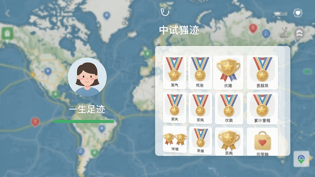 手机应用界面截图,展示“一生足迹”App的“我的”页面,包含头像、累计里程、勋章墙等元素,背景为模糊的地图轮廓,整体风格简洁,色彩搭配舒适,画质干净,无多余文字