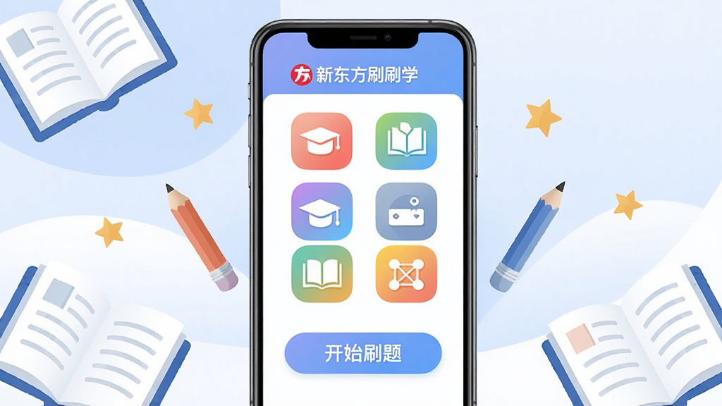 画面主体为新东方刷刷学APP界面展示,一台智能手机屏幕占据视觉中心,屏幕内显示彩色学科图标和“开始刷题”按钮,背景为柔和的渐变蓝白色调,周围点缀书本、铅笔、星星等学习元素,布局居中对称,排版干净,扁平化插画风格,细节丰富,画质高清,干净无多余元素