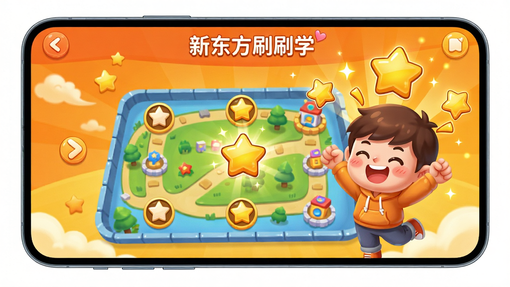 新东方刷刷学APP闯关模式界面预览图,画面展示关卡地图和星星奖励动画,角色卡通形象欢呼,背景为明亮的橙色和黄色,布局活泼,排版流畅,卡通插画风格,细节丰富,画质高清,干净无多余元素