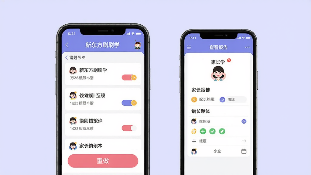 新东方刷刷学APP错题本界面预览图,屏幕展示错题列表和重做按钮,旁边有家长手机端查看报告的示意图,背景为淡紫色,布局简洁,排版有序,扁平化设计风格,细节清晰,画质干净,无多余元素