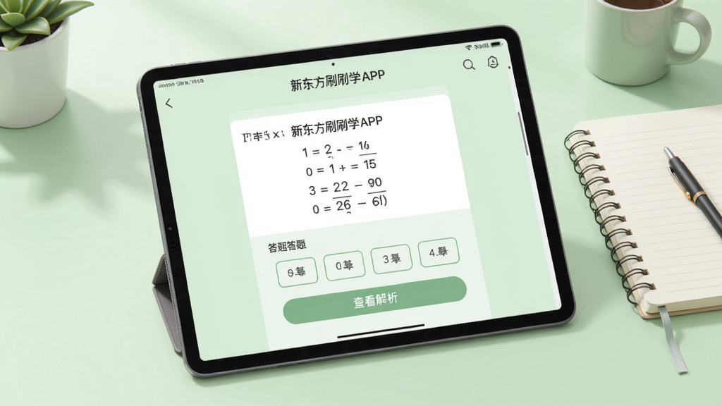 新东方刷刷学APP题目练习界面预览图,屏幕展示一道数学选择题和答题选项,下方有“查看解析”按钮,背景为浅绿色护眼色调,桌面摆放平板电脑和笔记本,布局清爽,排版规整,写实与插画结合风格,细节清晰,画质干净,无多余元素