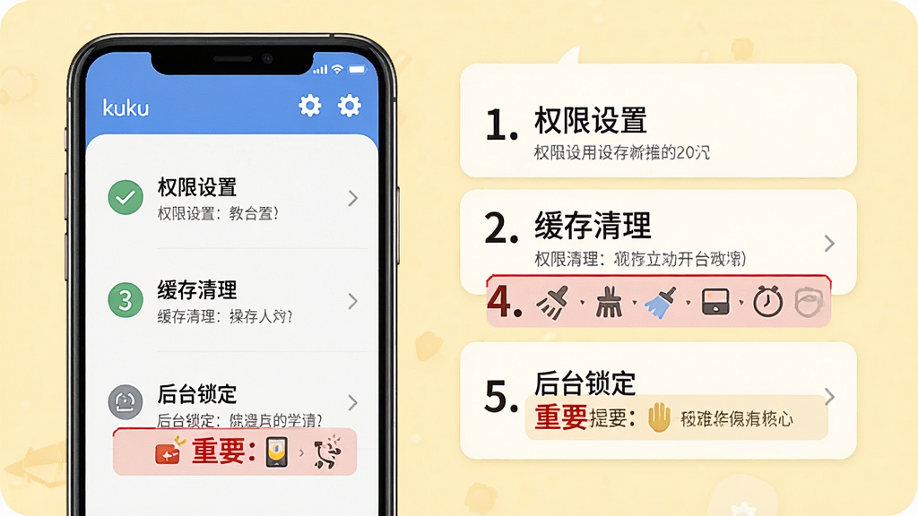 ���壺һ���ֻ�չʾkuku��Ӧ�õ�ʹ�ý̳̽��棬��Ļ���г���Ȩ�����á�����������������̨�������Ȳ������衣���֣��ֻ�λ����࣬�Ҳ�Ϊ����˵����Ƭ���Ű棺���������ֱ�ʶ����Ҫ��ʾ�ú�ɫ�򡣷�񣺽�����񣬱���Ϊ����ɫ��ϸ�ڣ���Ļ���жԹ�ͼ������ó���ͼ�ꡣ���ʣ��������ɾ����޶���Ԫ�ء�