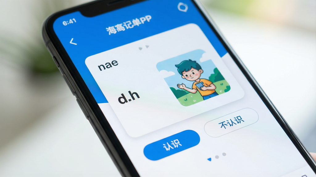 一张智能手机屏幕特写,屏幕上海马记单词APP界面清晰可见,界面风格简约清新,主色调为蓝色和白色,中央显示一个单词卡片,卡片上有单词和配图,下方有“认识”和“不认识”两个按钮,背景虚化,突出APP界面,整体画面干净明亮,采用浅景深效果,画质细腻,干净无多余元素